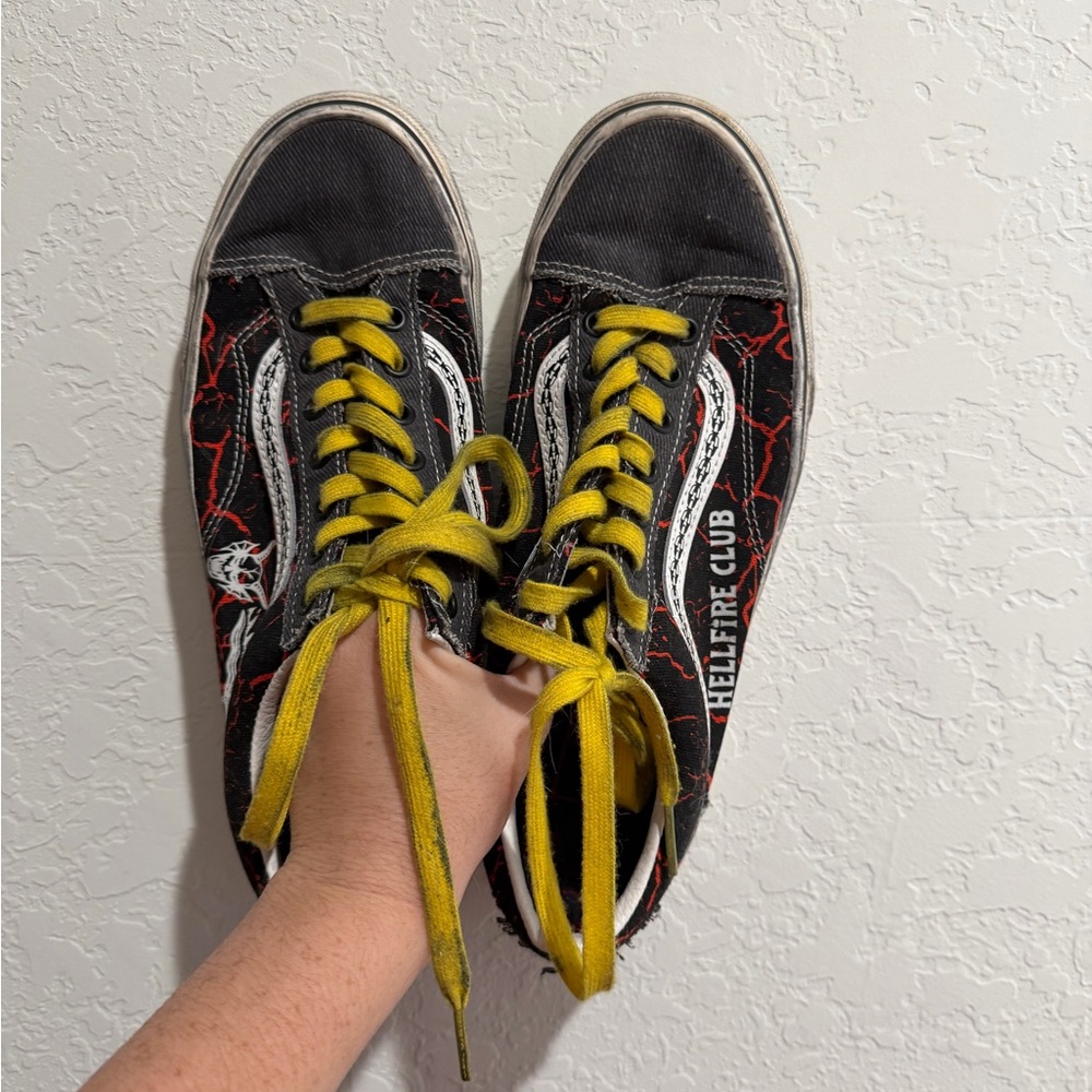 Black 'Hellfire Club' Vans Skate Sneakers with Yellow Laces - Stranger Things